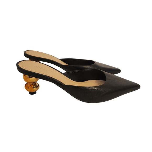 New Arezzo Blair Mid Stiletto Sandals Gold Geometric Chunky Heel Black 6.5B - Picture 1 of 11
